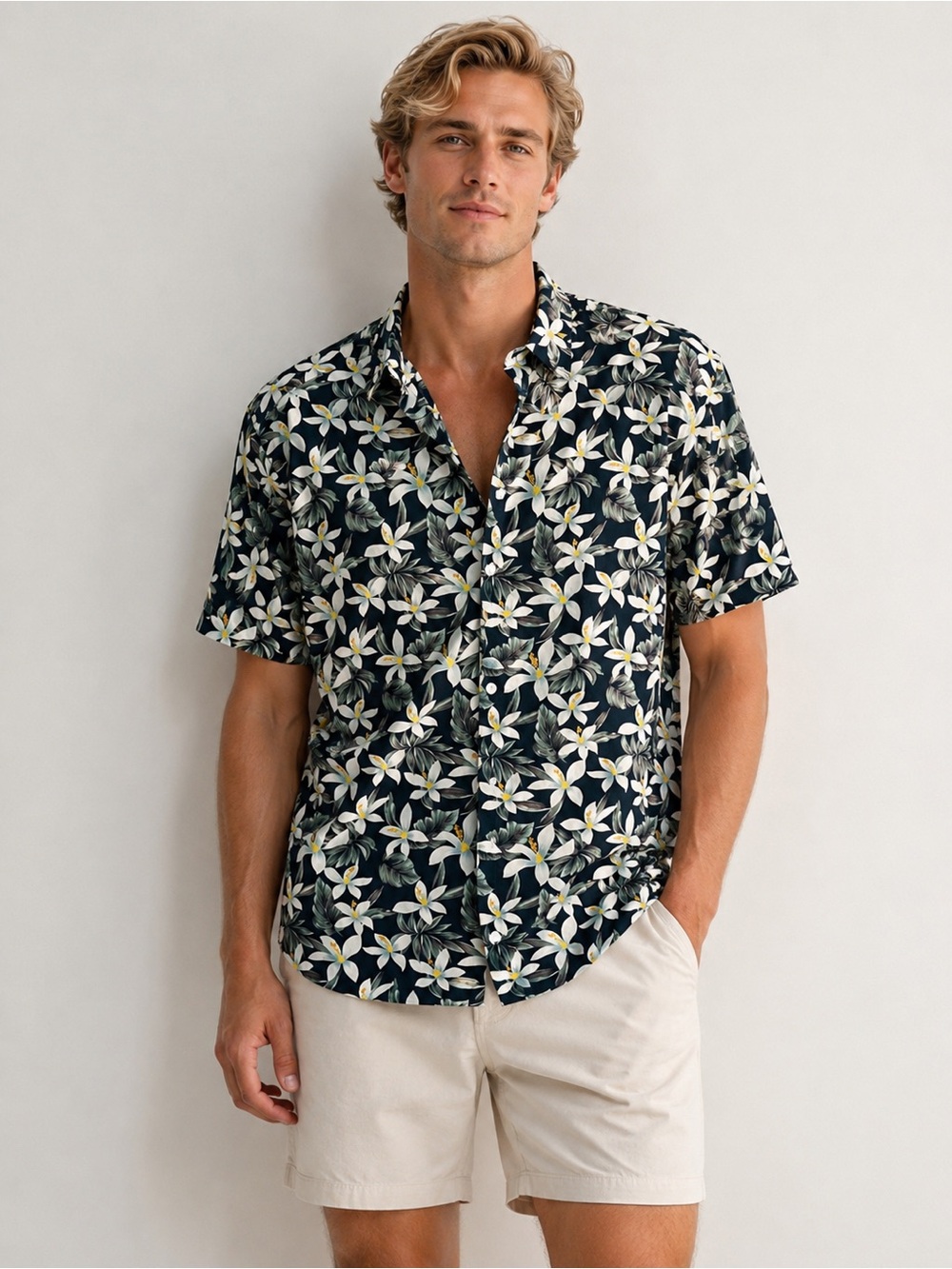 Barney Cools Hawaiian Floral Camp Shirt Men’s XL Black White Tropical Button Up